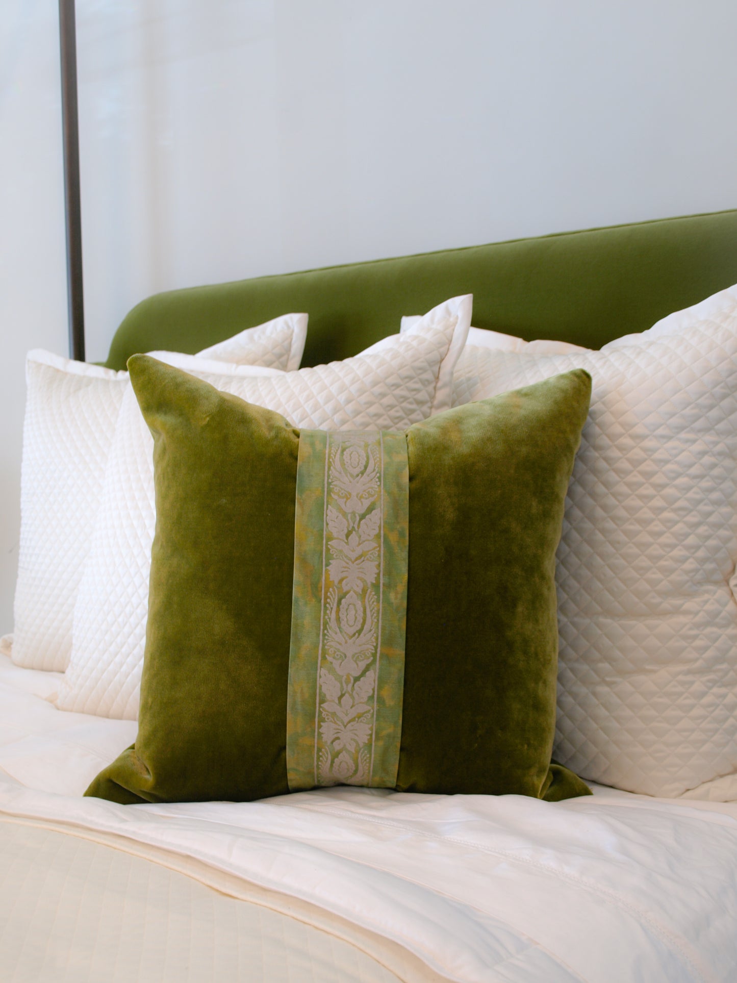 GREEN VELVET & FABRIC PILLOW